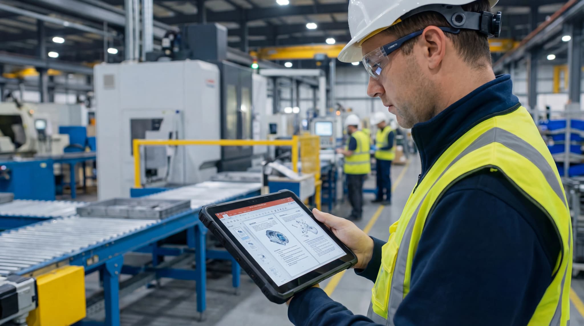 Engineering team analyzing production data and optimizing manufacturing processes