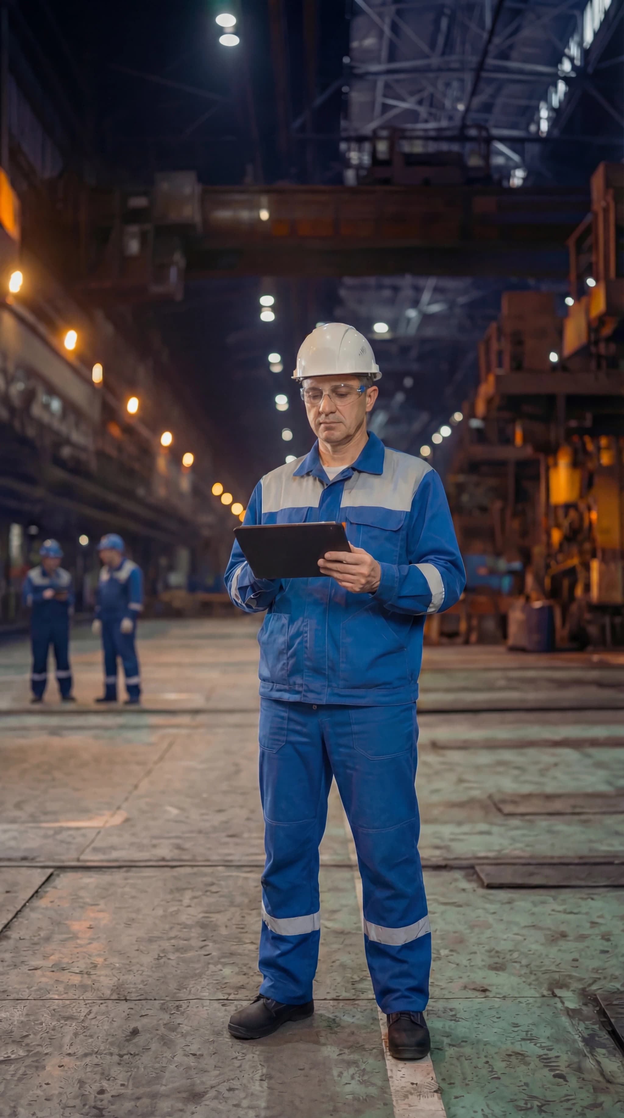 Manufacturing operator using digital tablet to access AI-powered work instructions on the factory floor