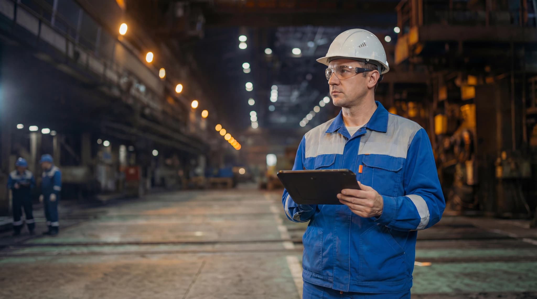 Manufacturing operator using digital tablet to access AI-powered work instructions on the factory floor