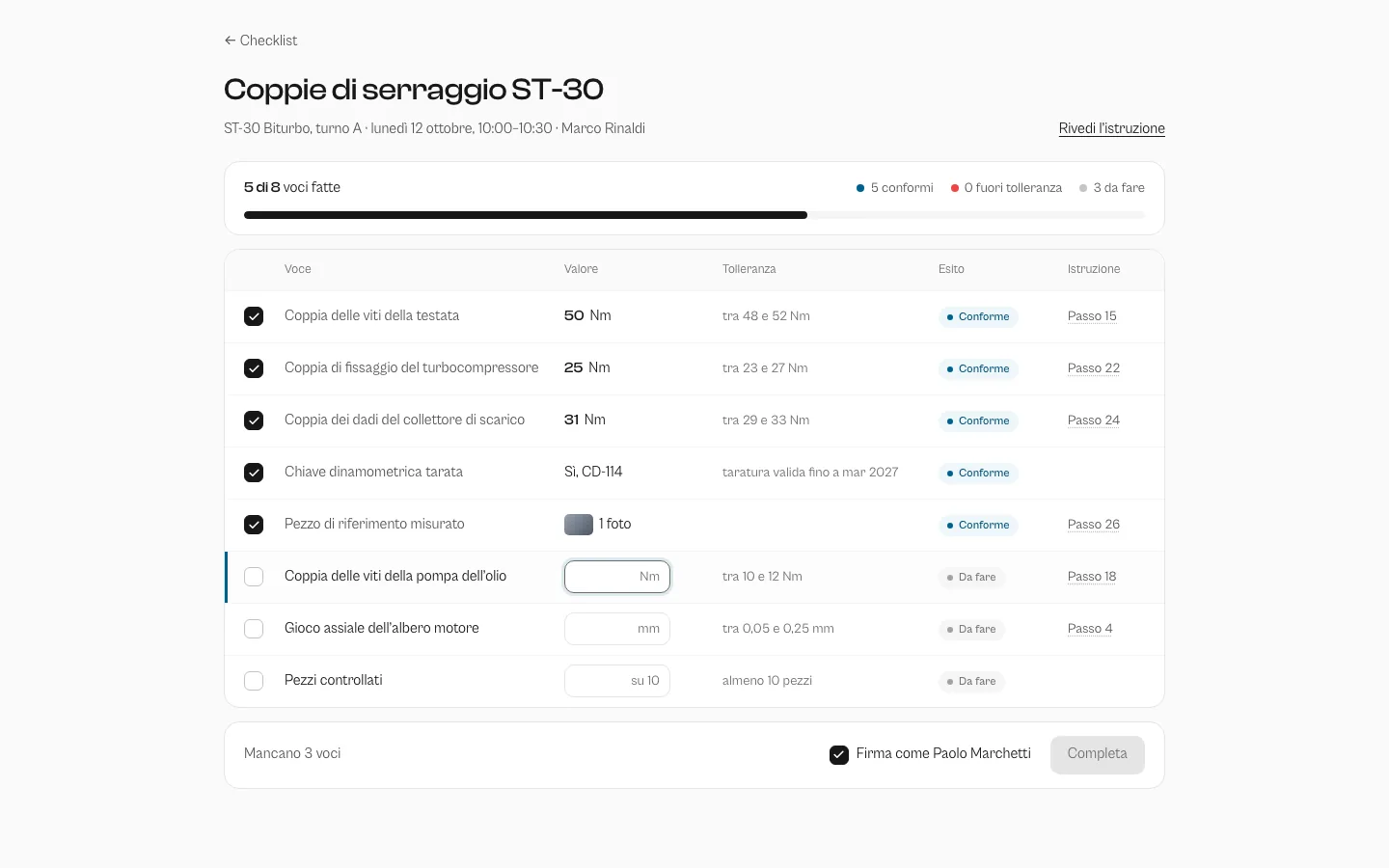 Operational Hub: Checklist in linea