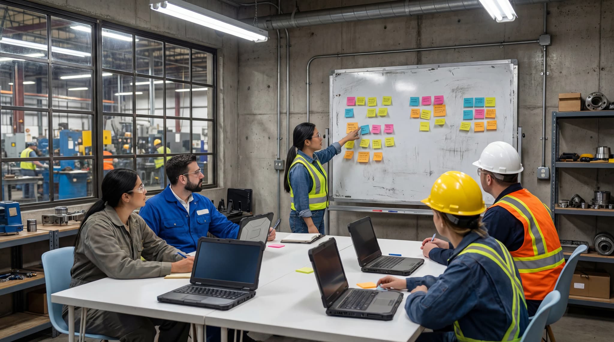 Cross-functional team collaborating on operational excellence initiatives in industrial setting