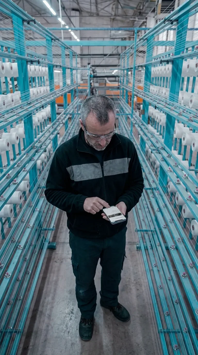 Operator on the shop floor checking Procedo on a smartphone