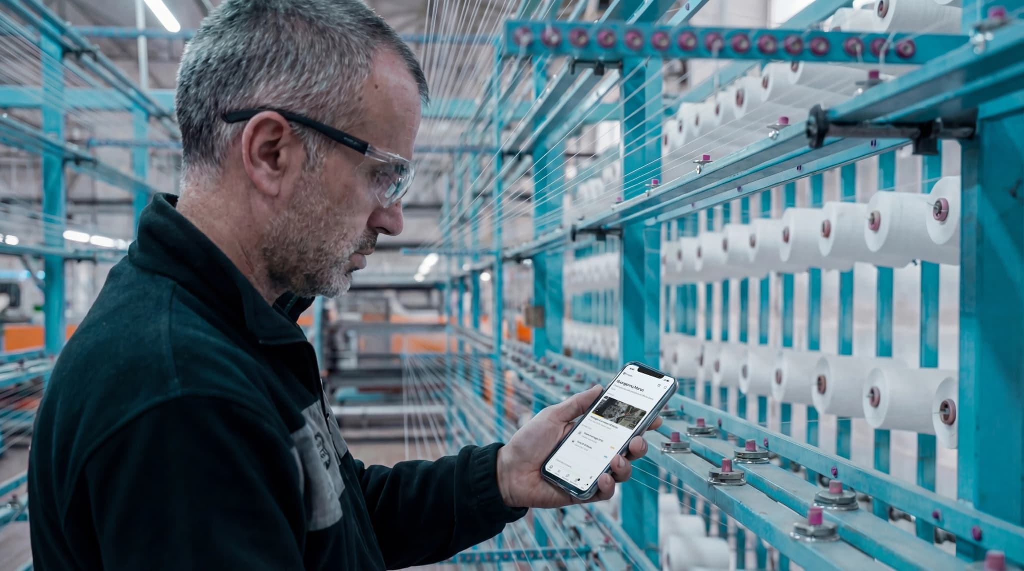 Operator on the shop floor checking Procedo on a smartphone